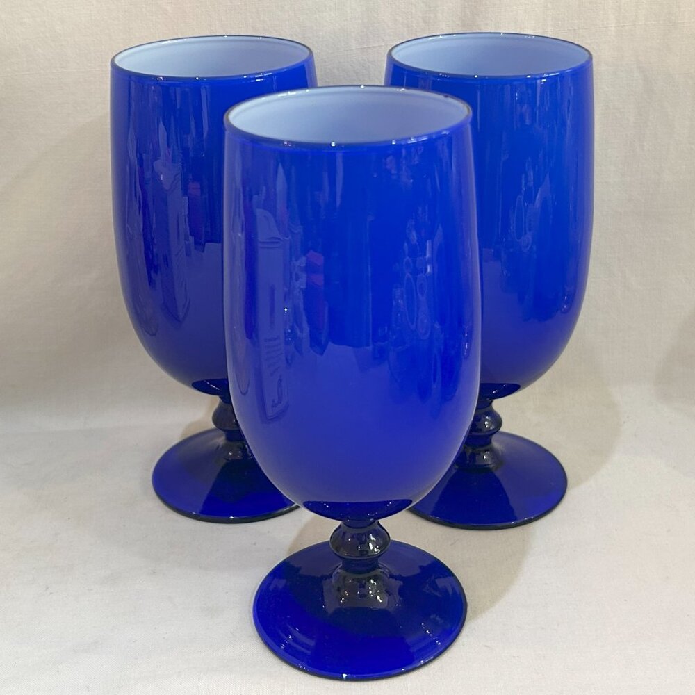 Set of 3 Carlo Moretti Cobalt Blue & White Stem Glass Drinking Goblets Italy VTG